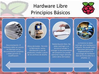Hardware Libre
Principios Básicos

Documentación. El
hardware debe ser puesto
en libertad con su
documentación completa
y debe permitir la
modificación.

Obras derivadas. Permitir
la fabricación, venta,
distribución y uso de
productos creados a partir
de los archivos de diseño.

Redistribución libre. No
debe restringir a un
tercero el vender o
entregar la documentación
del proyecto (no puede
ejercerse ningún derecho
sobre obras derivadas).

La licencia no debe
restringir otro hardware o
software. No puede haber
objeciones para poder
implementarse a la
tecnología de hardware
libre de forma externa o
añadida. [3]

 