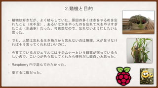 2.動機と目的
• 植物は好きだが、よく枯らしていた。原因の多くは水をやるのを忘
れたこと（水不足）、あるいは水をやったのを忘れて水をやりすぎ
たこと（水過多）だった。可哀想なので、忘れないようにしたいと
思った。
• でも、人間は忘れる生き物だから忘れないのは無理。水が足りなけ
ればそう言ってくれればいいのに。
• 今育てているガジュマルにはキジムナーという精霊が宿っているら
しいので、こいつが色々話してくれたら便利だし面白いと思った。
• Raspberry Piで遊んでみたかった。
• 要するに暇だった。
 