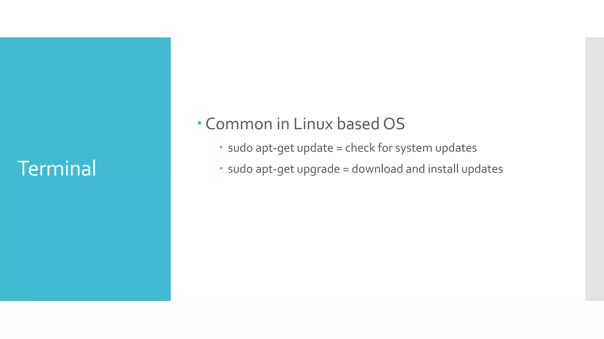 Terminal
 Common in Linux based OS
 sudo apt-get update = check for system updates
 sudo apt-get upgrade = download and install updates
 