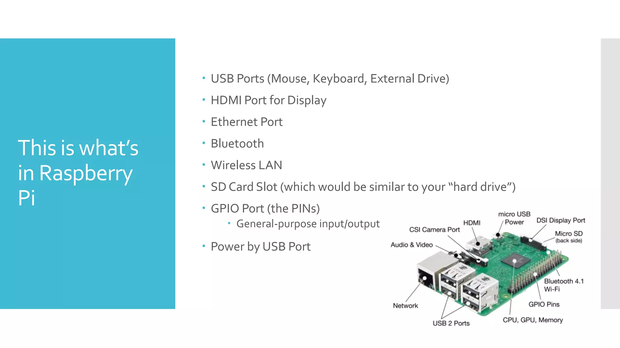 This is what’s
in Raspberry
Pi
 USB Ports (Mouse, Keyboard, External Drive)
 HDMI Port for Display
 Ethernet Port
 Bluetooth
 Wireless LAN
 SD Card Slot (which would be similar to your “hard drive”)
 GPIO Port (the PINs)
 General-purpose input/output
 Power by USB Port
 
