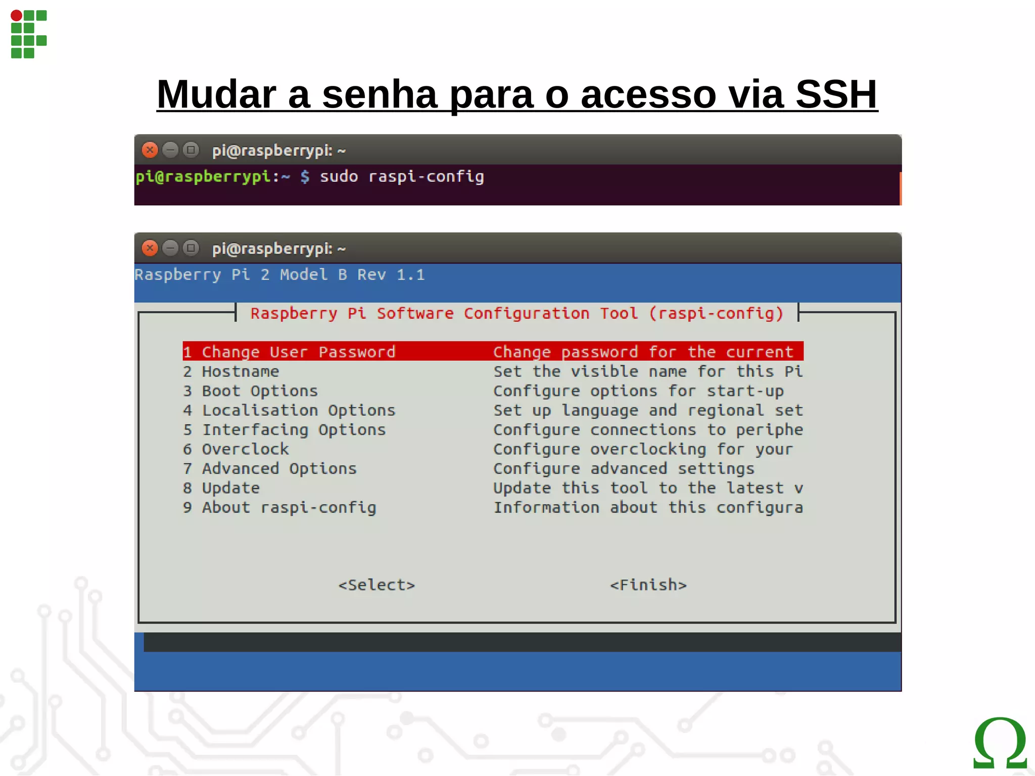 Mudar a senha para o acesso via SSH
 