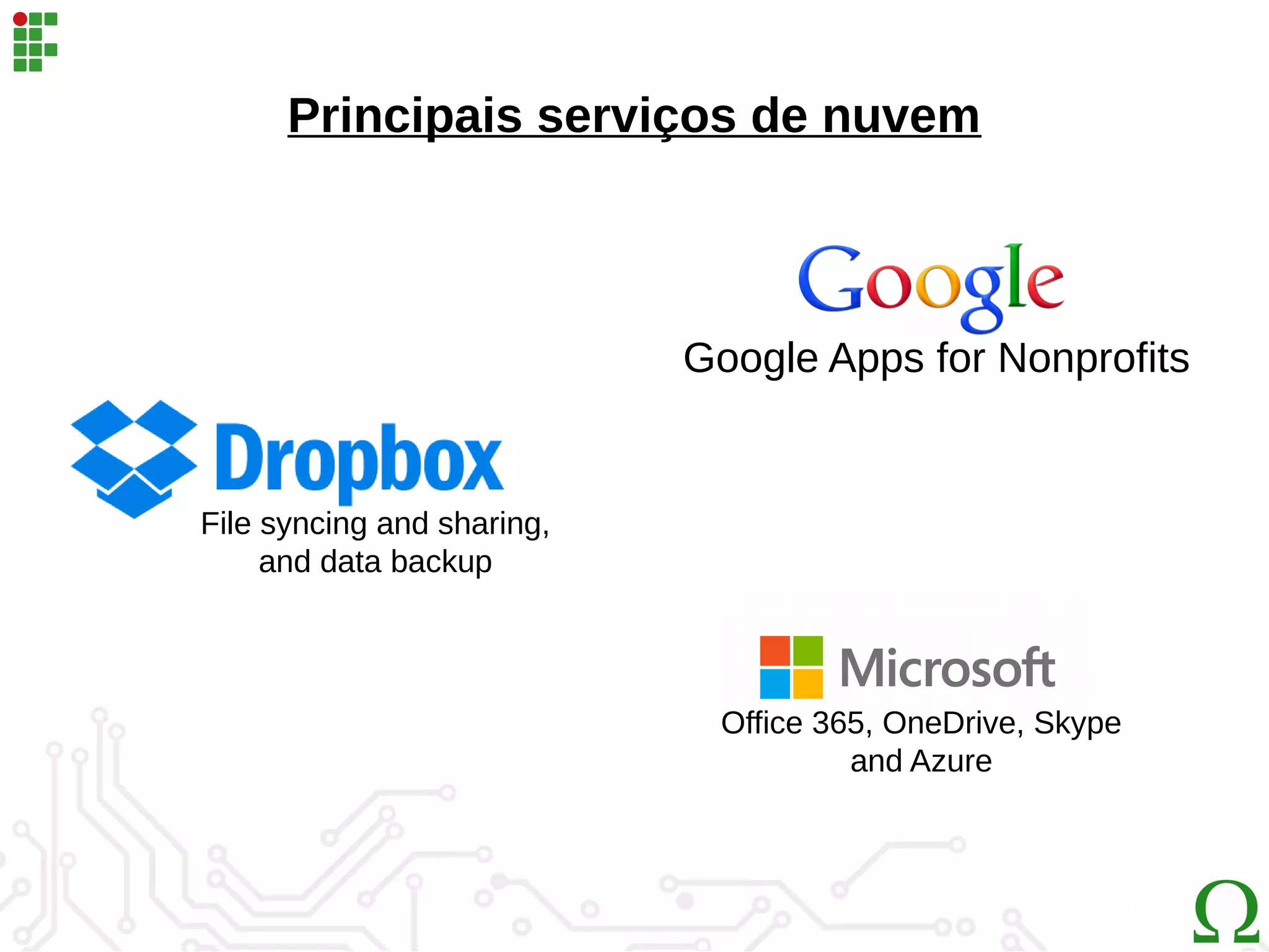Principais serviços de nuvem
Office 365, OneDrive, Skype
and Azure
Google Apps for Nonprofits
File syncing and sharing,
and data backup
 