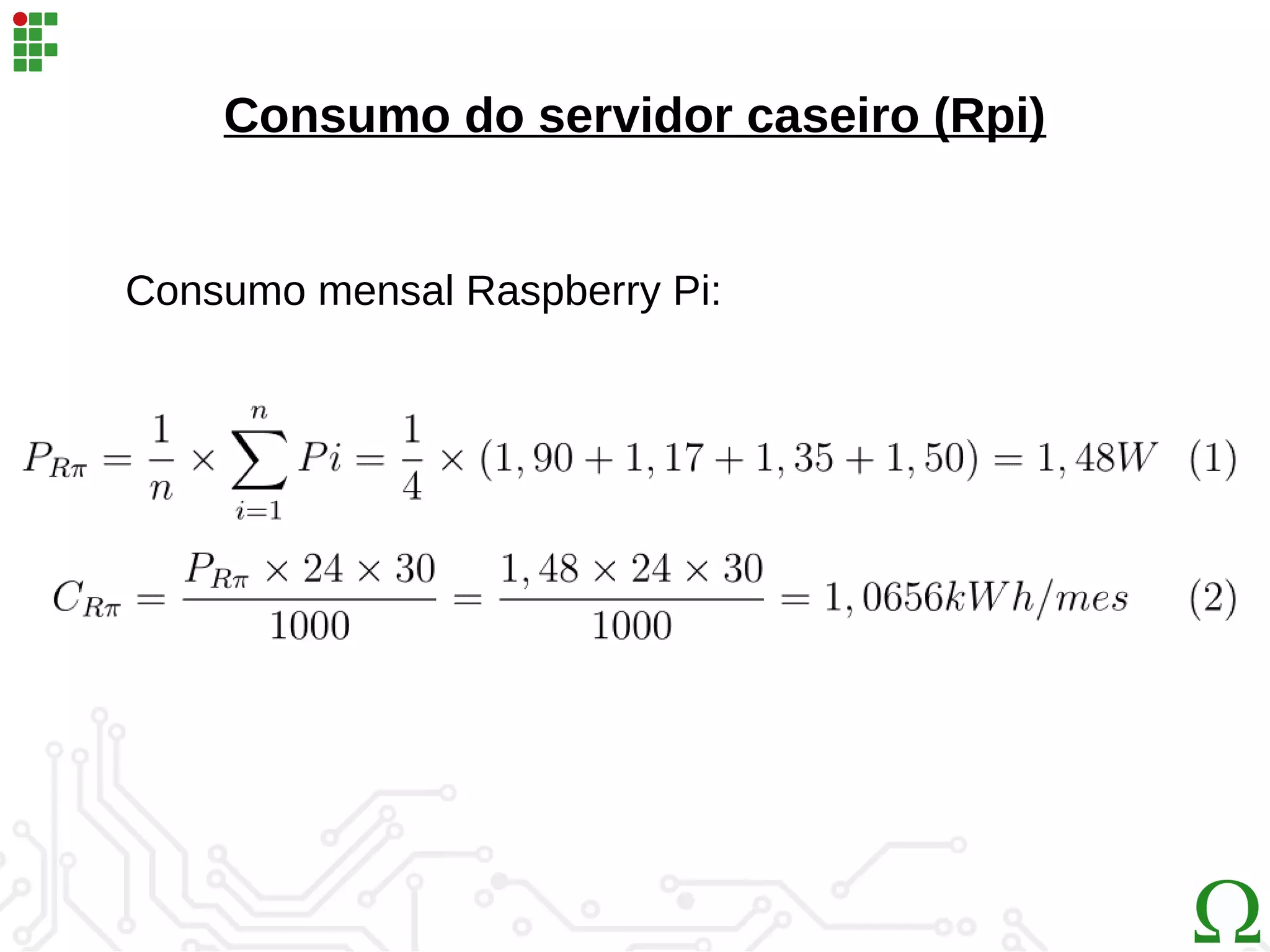 Consumo do servidor caseiro (Rpi)
Consumo mensal Raspberry Pi:
 