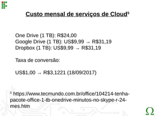 Custo mensal de serviços de Cloud5
5
https://www.tecmundo.com.br/office/104214-tenha-
pacote-office-1-tb-onedrive-minutos-no-skype-r-24-
mes.htm
One Drive (1 TB): R$24,00
Google Drive (1 TB): US$9,99 → R$31,19
Dropbox (1 TB): US$9,99 → R$31,19
Taxa de conversão:
US$1,00 → R$3,1221 (18/09/2017)
 