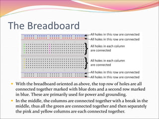 The Breadboard
 With the breadboard oriented as above, the top row of holes are all
connected together marked with blue dots and a second row marked
in blue. These are primarily used for power and grounding.
 In the middle, the columns are connected together with a break in the
middle, thus all the green are connected together and then separately
the pink and yellow columns are each connected together.
 