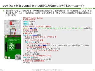 ULS Copyright © 2015 UL Systems, Inc. All rights reserved.
ソフトウエア制御でLEDを徐々に明るくしたり暗くしたりする（ソースコード）
 pigpioライブラリーを用いると、PWMを簡単に生成することが可能です。以下に配線とソースコードを
載せます。ソースコードの内容は、sinカーブにしたがって、ゆっくりとLEDの明るさを変えるものにな
っています。
18
 