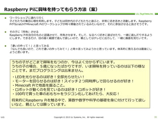 ULS Copyright © 2015 UL Systems, Inc. All rights reserved.
Raspberry Piに興味を持ってもらう方法（案）
 ワークショップに連れて行く
子どもたちの集団心理を利用します。子どもは同世代の子どもたちと遊ぶと、非常に活き活きと活動します。Raspberry
PiやScratchやMinecraft Piのワークショップが時々開催されているみたいなので、それに参加させると良さそうです。
 その子に「所有」させる
Raspberry Piを自分のものと認識させて、所有させます。そして、なるべく好きに遊ばせたり、一緒に遊んだりするよう
にします。できるだけ、目の届く範囲で遊んで欲しいので、親としてはテレビに出力して、一緒に画面を見たいです。
 「凄いの作って！」と言ってみる
「なんでも良いので、これで凄いの作ってみて！」と時々言ってみようかと思っています。体系的に教えるのは最後にし
ようと思います。
35
うちの子がどこまで興味をもつのか、今はよく分からずにいます。
うちの子の場合、５歳になったばかりですが、いま興味を持っているのは以下の様な
ことです。まだプログラミングは出来ません。
・LEDを光らせるのは好き！全部光らせたい！
・モーターを回らせるのは好き！スイッチ２つ同時押しで回らせるのが好き！
・Minecraft Piで地面を掘ること。
・ロボットが動くのを見ているのは好き！ロボットが好き！
・100均で買った車のおもちゃをラジコン化してあげたら、大反応！
将来的にRaspberry Piを触る中で、算数や数学や科学の基礎を身に付けて行って欲し
いなと、親としては願っています。
 