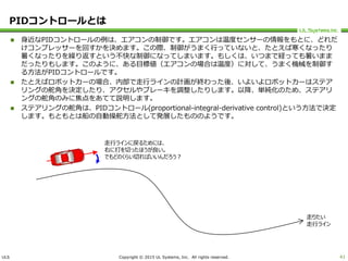 ULS Copyright © 2015 UL Systems, Inc. All rights reserved.
PIDコントロールとは
 身近なPIDコントロールの例は、エアコンの制御です。エアコンは温度センサーの情報をもとに、どれだ
けコンプレッサーを回すかを決めます。この際、制御がうまく行っていないと、たとえば寒くなったり
暑くなったりを繰り返すという不快な制御になってしまいます。もしくは、いつまで経っても暑いまま
だったりもします。このように、ある目標値（エアコンの場合は温度）に対して、うまく機械を制御す
る方法がPIDコントロールです。
 たとえばロボットカーの場合、内部で走行ラインの計画が終わった後、いよいよロボットカーはステア
リングの舵角を決定したり、アクセルやブレーキを調整したりします。以降、単純化のため、ステアリ
ングの舵角のみに焦点をあてて説明します。
 ステアリングの舵角は、PIDコントロール(proportional-integral-derivative control)という方法で決定
します。もともとは船の自動操舵方法として発展したもののようです。
41
走りたい
走行ライン
走行ラインに戻るためには、
右に打を切ったほうが良い。
でもどのくらい切ればいいんだろう？
 