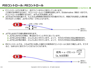 ULS Copyright © 2015 UL Systems, Inc. All rights reserved.
PIDコントロール: PDコントロール
 Pコントロールだけを使うと、走行ラインを中心に蛇行してしまいます。
この蛇行を抑制するために、Dコントロールという制御を追加します。Dはderivative（微分）のDです。
Dコントロールを理解するために、まず⊿CTEを説明します。
 ⊿CTEはCTEの変化量です。たとえば⊿t時間前の前回のCTEの値がCTE1で、再度CTEを測定した際の値
がCTE2だった場合、⊿CTE=CTE2 - CTE1となります。
 ⊿CTE/⊿tは以下の様な意味を持ちます。
 ⊿CTE/⊿tがゼロの場合、車は走行ラインと平行に走っています。
 ⊿CTE/⊿tが正の場合、どんどん左にそれています。よって、それだけ打を右に切る必要があります。
 ⊿CTE/⊿tが負の場合、どんどん右にそれています。よって、それだけ打を左に切る必要があります。
 PDコントロールでは、この⊿CTEに比例した量だけの舵角をPコントロールに加えて補正します。そうす
ると、なめらかに走行ラインに沿うようになります。
43
走りたい
走行ライン
CTE1 CTE2
⊿CTE = CTE2 - CTE1
走りたい
走行ライン
舵角 = 𝑎 ∙ CTE + 𝑏 ∙
⊿CTE
⊿t
（a, bは定数）
 