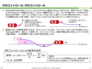 ULS Copyright © 2015 UL Systems, Inc. All rights reserved.
PIDコントロール: PIDコントロール
 完全な世界であればPDコントロールだけでもうまく機能するかもしれませんが、実際にはもう一つ解決
しなければならない問題があります。それは「機械的な狂い」です。たとえば車のホイールの取り付け
角などが若干悪く、ステアリングを切ってなくても左へ左へと曲がってしまう場合があります。このよ
うな機械的な狂いがある場合、PDコントロールだけではうまく走行ラインに乗せられません。
 機械的な狂いの問題を解消するため、PDコントロールに加え、Iコントロールというものを追加します。
Iはintegralの略で、積分という意味です。Iコントロールでは、移動の開始以降に測定したすべてのCTE
の量を累積し、その累積量に比例した量で舵角を補正します。
44
[極端なドリフトの例]
舵角をゼロに保った状態でも
ホイールの向きがもともと
曲がったりしていて、旋回してしまう。 走行ライン
ドリフトがあると、走行ラインに
うまく乗らない
走行ライン
正
負
舵角 = 𝑎 ∙ CTE + 𝑏 ∙
⊿CTE
⊿t
+ 𝑐 ∙ CTE
（a, b, cは定数）
PIDコントロールによる舵角の決定
[参考]
PIDコントロールの定数項a,b,cは、最適な値を見
付けるためにTwiddleという方法を用います。
 