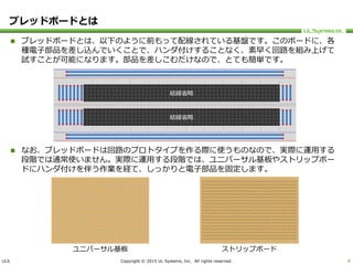 ULS Copyright © 2015 UL Systems, Inc. All rights reserved.
ブレッドボードとは
 ブレッドボードとは、以下のように前もって配線されている基盤です。このボードに、各
種電子部品を差し込んでいくことで、ハンダ付けすることなく、素早く回路を組み上げて
試すことが可能になります。部品を差しこむだけなので、とても簡単です。
 なお、ブレッドボードは回路のプロトタイプを作る際に使うものなので、実際に運用する
段階では通常使いません。実際に運用する段階では、ユニバーサル基板やストリップボー
ドにハンダ付けを伴う作業を経て、しっかりと電子部品を固定します。
4
結線省略
結線省略
ユニバーサル基板 ストリップボード
 