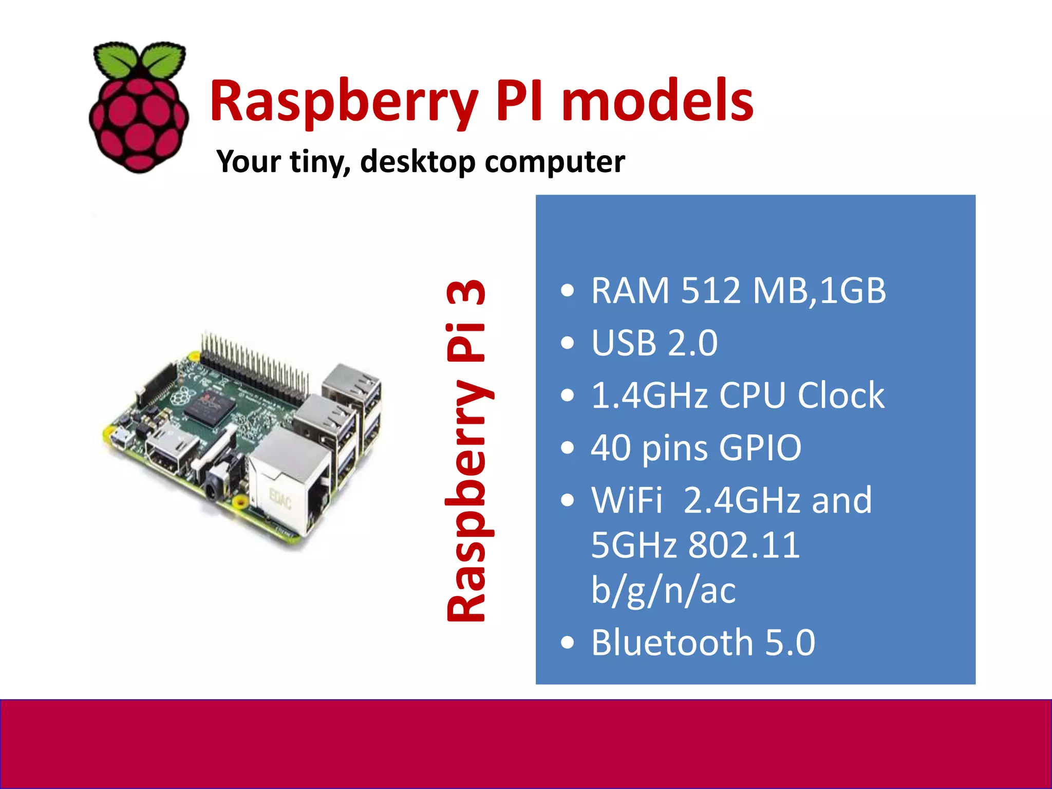 Raspberry PI models
Your tiny, desktop computer
Raspberry
Pi
3
• RAM 512 MB,1GB
• USB 2.0
• 1.4GHz CPU Clock
• 40 pins GPIO
• WiFi 2.4GHz and
5GHz 802.11
b/g/n/ac
• Bluetooth 5.0
 