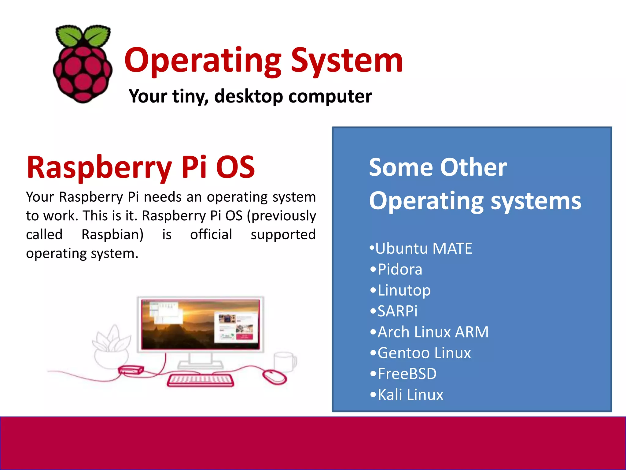 Operating System
Your tiny, desktop computer
Raspberry Pi OS
Your Raspberry Pi needs an operating system
to work. This is it. Raspberry Pi OS (previously
called Raspbian) is official supported
operating system.
Some Other
Operating systems
•Ubuntu MATE
•Pidora
•Linutop
•SARPi
•Arch Linux ARM
•Gentoo Linux
•FreeBSD
•Kali Linux
 