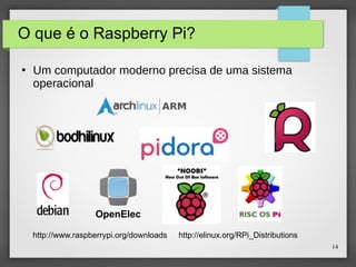 14
O que é o Raspberry Pi?
●
Um computador moderno precisa de uma sistema
operacional
OpenElec
http://www.raspberrypi.org/downloads http://elinux.org/RPi_Distributions
 