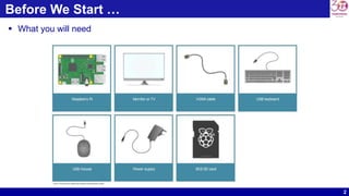 2
 What you will need
Before We Start …
source: https://www.raspberrypi.org/learning/hardware-guide
 