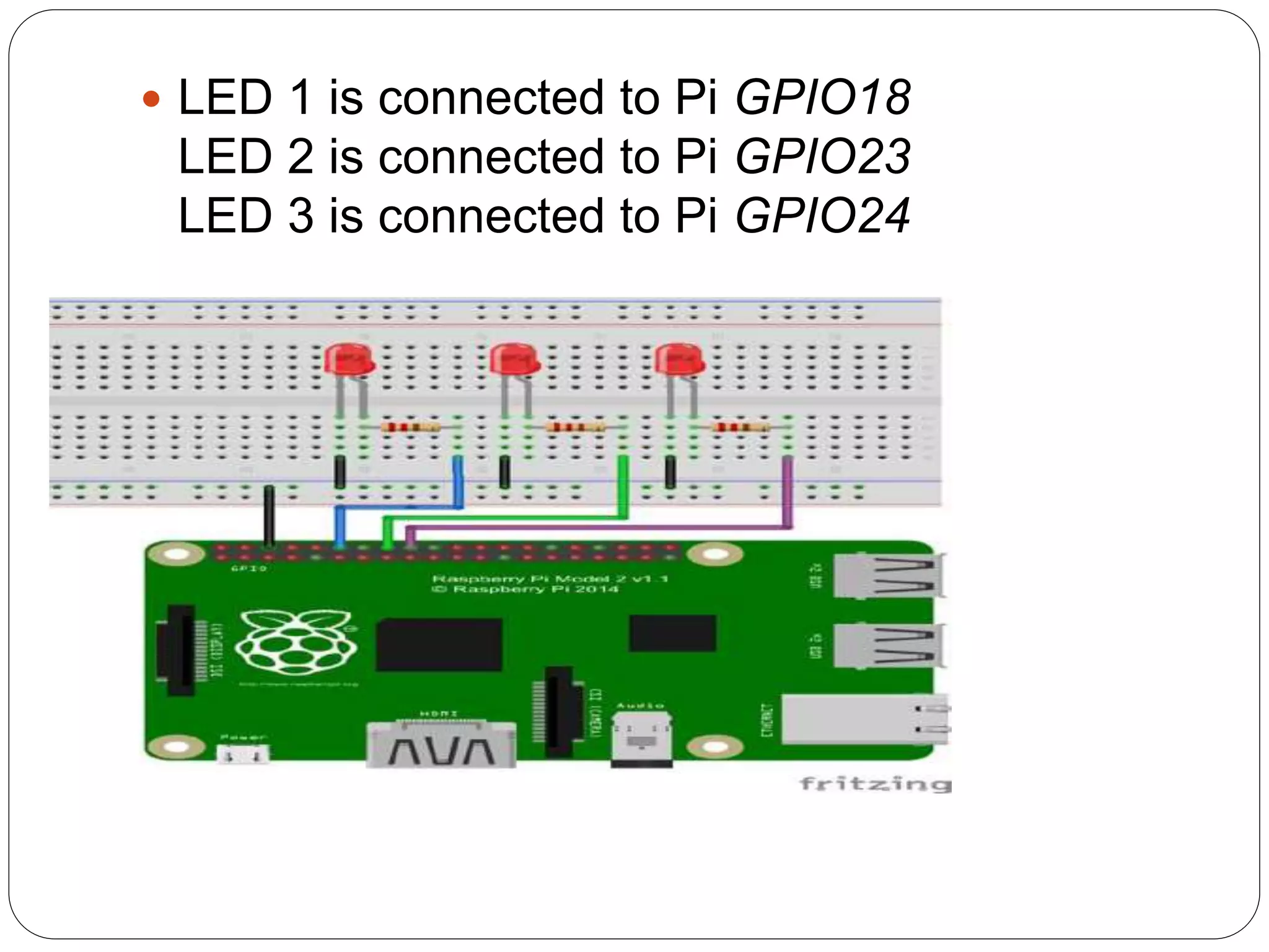  LED 1 is connected to Pi GPIO18 LED 2 is connected to Pi GPIO23 LED 3 is connected to Pi GPIO24 