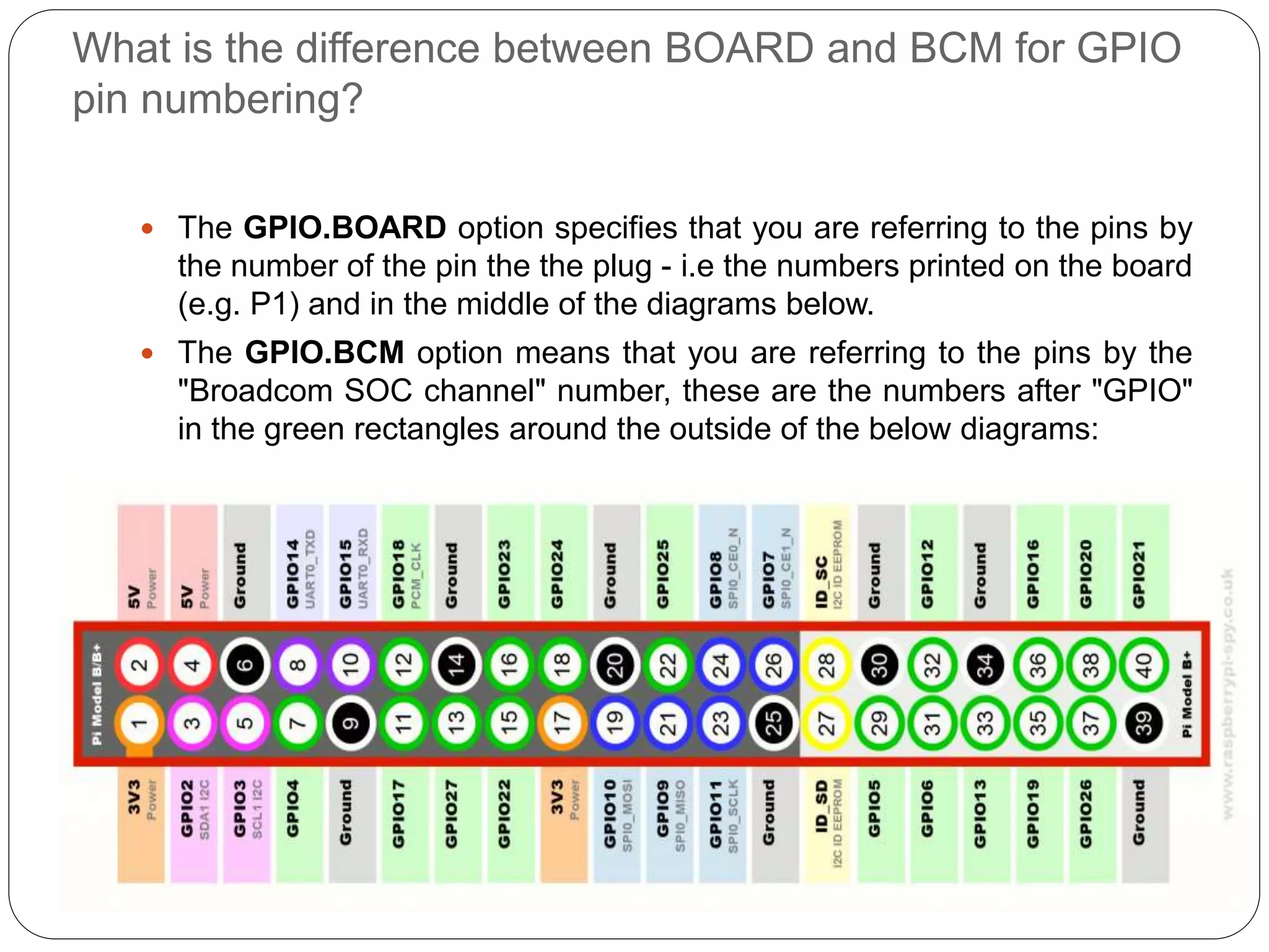 What is the difference between BOARD and BCM for GPIO pin numbering?  The GPIO.BOARD option specifies that you are referring to the pins by the number of the pin the the plug - i.e the numbers printed on the board (e.g. P1) and in the middle of the diagrams below.  The GPIO.BCM option means that you are referring to the pins by the "Broadcom SOC channel" number, these are the numbers after "GPIO" in the green rectangles around the outside of the below diagrams: 