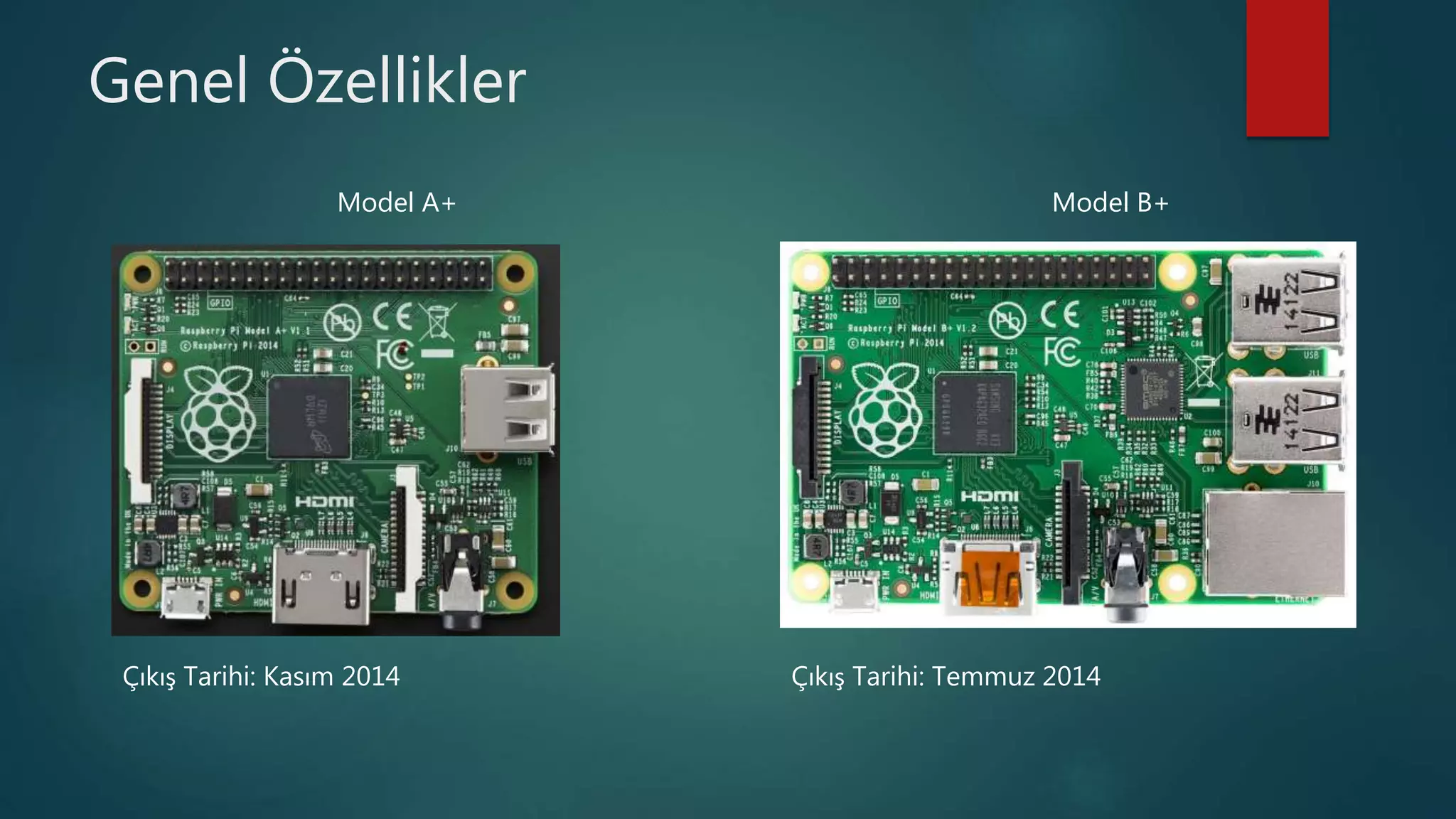 Genel Özellikler
Model A+ Model B+
Çıkış Tarihi: Kasım 2014 Çıkış Tarihi: Temmuz 2014
 
