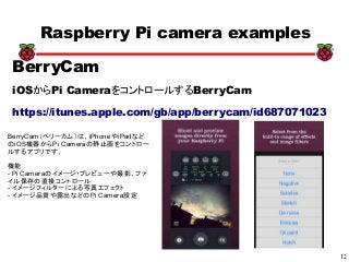 12
xx
Raspberry Pi camera examples
BerryCam
iOSからPi CameraをコントロールするBerryCam
https://itunes.apple.com/gb/app/berrycam/id687071023
BerryCam（ベリーカム）は、iPhoneやiPadなど
のiOS機器からPi Cameraの静止画をコントロー
ルするアプリです。
機能
- Pi Cameraのイメージ・プレビューや撮影、ファ
イル保存の直接コントロール
- イメージフィルターによる写真エフェクト
- イメージ品質や露出などのPi Camera設定
 