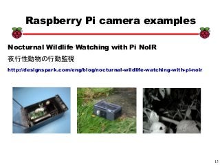 13
xx
Raspberry Pi camera examples
Nocturnal Wildlife Watching with Pi NoIR
夜行性動物の行動監視
http://designspark.com/eng/blog/nocturnal-wildlife-watching-with-pi-noir
 