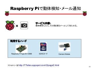 14
xx
Raspberry Piで動体検知・メール通知
サービス内容：
動体検知したら、その動画をメールして知らせる。
利用するハード
Raspberry Pi Type B 512MB SDHCカード Camera Module
アクセサリ一覧 http://77sites.appspot.com/2/page2.html
×
 