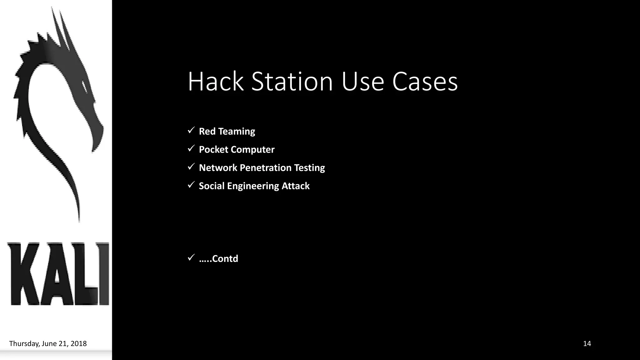 Hack Station Use Cases
✓ Red Teaming
✓ Pocket Computer
✓ Network Penetration Testing
✓ Social Engineering Attack
✓ …..Contd
Thursday, June 21, 2018 14
 