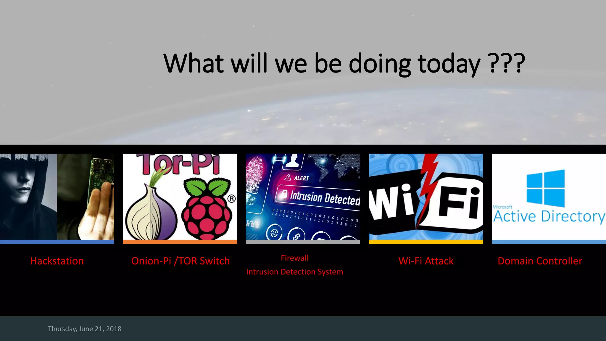 Thursday, June 21, 2018
What will we be doing today ???
Hackstation Onion-Pi /TOR Switch Firewall
Intrusion Detection System
Wi-Fi Attack Domain Controller
 
