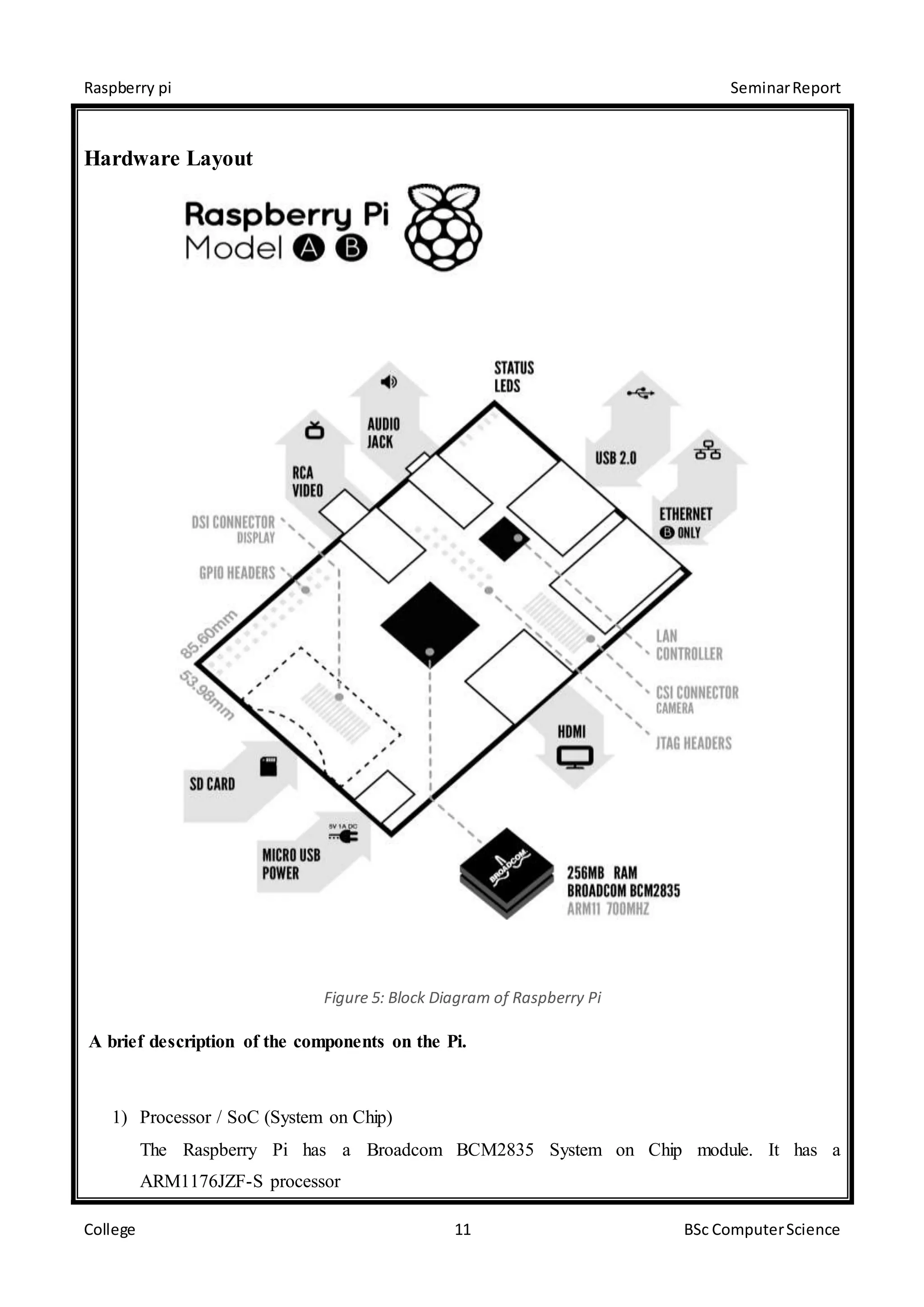 Raspberry pi SeminarReport
College 11 BSc ComputerScience
Hardware Layout
Figure 5: Block Diagram of Raspberry Pi
A brief description of the components on the Pi.
1) Processor / SoC (System on Chip)
The Raspberry Pi has a Broadcom BCM2835 System on Chip module. It has a
ARM1176JZF-S processor
 