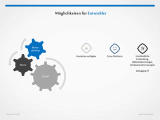 Huestel GmbH www.huestel.de
Möglichkeiten fürEntwickler
Linux
Mono
Mono-
develop
Cross Plattform Umständliche
Entwicklung,
Bibliothekenmangel,
Hardwarenahe Lösungen
Debugging 
Kostenlos verfügbar
 