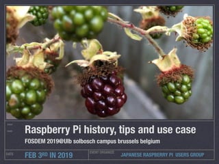 JAPANESE RASPBERRY PI USERS GROUP
EVENT
NAME
DATE EVENT ORGANIZE
FEB 3RD IN 2019
Raspberry Pi history, tips and use case
FOSDEM 2019@Ulb solbosch campus brussels belgium
 