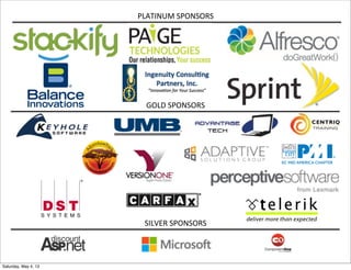 PLATINUM)SPONSORS)

GOLD)SPONSORS)

SILVER)SPONSORS)

Saturday, May 4, 13

 