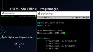 Olá mundo = blink! - Programação
Após digitar o código aperte:
CRTL + X
Y
 