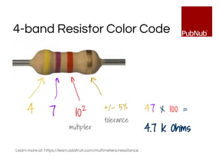 4-band Resistor Color Code
47 x 100 =
4.7 k Ohms
4 7 102 +/- 5%
multiplier
tolerance
Learn more at: https://learn.adafruit.com/multimeters/resistance
 