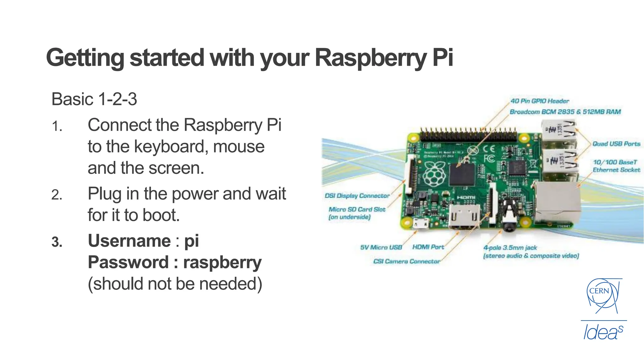 Getting started with your Raspberry Pi
Basic 1-2-3
1. Connect the Raspberry Pi
to the keyboard, mouse
and the screen.
2. Plug in the power and wait
for it to boot.
3. Username : pi
Password : raspberry
(should not be needed)
 