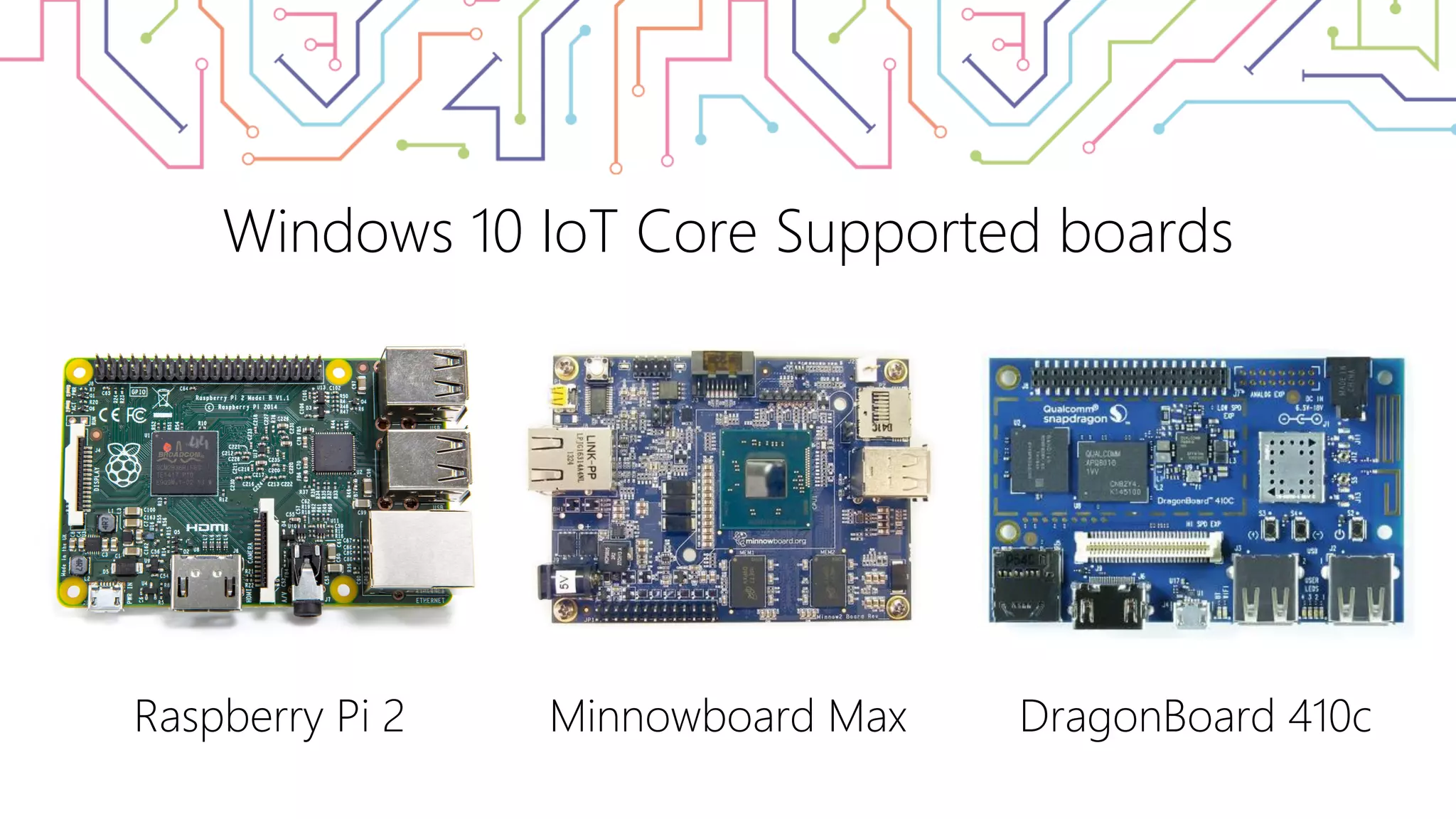 Windows 10 IoT Core Supported boards Raspberry Pi 2 Minnowboard Max DragonBoard 410c 
