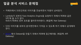 얼굴 분석 서비스 문제점
• 카메라에서 10초단위로 이미지를 전송하면서 자원이 낭비된다.
• Lambda가 외부의 Face Analytics Engine을 요청하기 위해서 RDB와 같은
VPC에 둘 수가 없다.
따라서 RDB의 외부 포트를 열어두어야한다. (해결책: Nat Gateway)
• S3의 이미지를 외부의 분석엔진에서 가져갈 수 있도록 하기 위해서 공개해야
한다.
• plot.ly에서 Dataset을 만들기 위해서 RDB에 접근해야함. (해결책: API
Gateway)
 