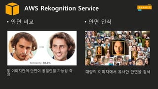 AWS Rekognition Service
• 안면 비교 • 안면 인식
두 이미지안의 안면이 동일인일 가능성 측
정
대량의 이미지에서 유사한 안면을 검색
 
