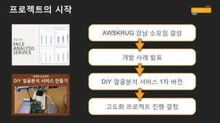 프로젝트의 시작
AWSKRUG 강남 소모임 결성
개발 사례 발표
DIY 얼굴분석 서비스 1차 버전
고도화 프로젝트 진행 결정
 