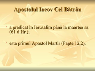Apostolul Iacov Cel Bătrân

•   a predicat în Ierusalim până la moartea sa
    (61 d.Hr.);

•   este primul Apostol Martir (Fapte 12,2).
 