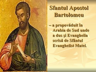 Sfantul Apostol
  Bartolomeu
– a propovăduit în
  Arabia de Sud unde
  a dus şi Evanghelia
  scrisă de Sfântul
  Evanghelist Matei.
 