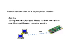 Instalação RASPBIAN STRETCH LITE Raspberry Pi Zero - Headless
Objetivo:
Configurar o Raspian para acesso via SSH sem utilizar
o ambiente gráfico com teclado e monitor
SSH
 