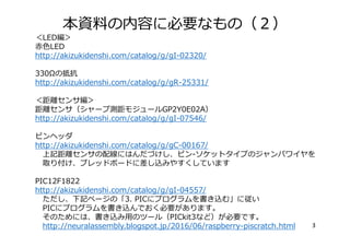 本資料の内容に必要なもの（２）
3
＜LED編＞
⾚⾊LED
http://akizukidenshi.com/catalog/g/gI-02320/
330Ωの抵抗
http://akizukidenshi.com/catalog/g/gR-...