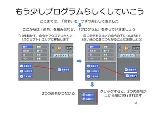 もう少しプログラムらしくしていこう
15
ここまでは、「命令」を⼀つずつ実⾏してきました
ここからは「命令」を組み合わせ、「プログラム」を作っていきましょう
「10歩動かす」命令をマウスでつかんで
「スクリプト」エリアに移動します
同じ命令を先ほどの命令の下につなげます
（⽩い線の位置につながることに注意しよう）
2つの命令がつながる
クリックすると、2つの命令が
上から順に実⾏されます
 