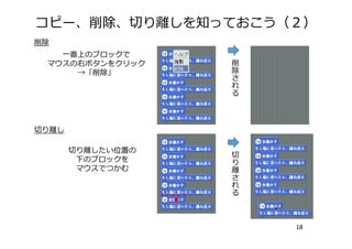 コピー、削除、切り離しを知っておこう（２）
18
削除
⼀番上のブロックで
マウスの右ボタンをクリック
→「削除」
切り離し
切り離したい位置の
下のブロックを
マウスでつかむ
切
り
離
さ
れ
る
削
除
さ
れ
る
 