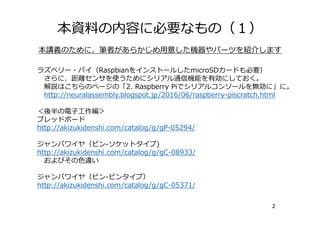 本資料の内容に必要なもの（１）
2
本講義のために、筆者があらかじめ⽤意した機器やパーツを紹介します
ラズベリー・パイ（RaspbianをインストールしたmicroSDカードも必要）
さらに、距離センサを使うためにシリアル通信機能を有効にしておく。
解説はこちらのページの「2. Raspberry Piでシリアルコンソールを無効に」に。
http://neuralassembly.blogspot.jp/2016/06/raspberry-piscratch.html
＜後半の電⼦⼯作編＞
ブレッドボード
http://akizukidenshi.com/catalog/g/gP-05294/
ジャンパワイヤ（ピン-ソケットタイプ)
http://akizukidenshi.com/catalog/g/gC-08933/
およびその⾊違い
ジャンパワイヤ（ピン-ピンタイプ）
http://akizukidenshi.com/catalog/g/gC-05371/
 