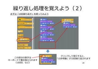 繰り返し処理を覚えよう（２）
24
クリックして実⾏すると、
「10歩移動」が10回繰り返されますこの部分の数字は
キーボードで書き換えられます
（100回、など）
まずは「10回繰り返す」を使ってみよう
 