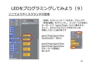 LEDをプログラミングしてみよう（９）
41
ここでようやくスクラッチの登場
「制御」セクションの「〜を送る」ブロックで
「新規/編集」をクリックし、メッセージの名前に
キーボードで「gpio17high」などと書きます。
そして、左のようなブロックをあらかじめ
⽤意しておくと後が楽です
gpio17high/gpio17low
はLEDは点灯・消灯に
gpio27high/gpio27low
gpio22high/gpio22low
はモーターの制御に
⽤います
 