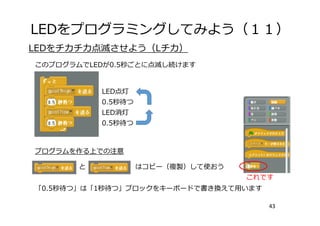 LEDをプログラミングしてみよう（１１）
43
LEDをチカチカ点滅させよう（Lチカ）
このプログラムでLEDが0.5秒ごとに点滅し続けます
0.5秒待つ
LED消灯
0.5秒待つ
LED点灯
プログラムを作る上での注意
と はコピー（複製）して使おう
「0.5秒待つ」は「1秒待つ」ブロックをキーボードで書き換えて⽤います
これです
 