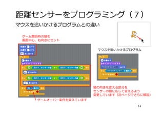 距離センサーをプログラミング（７）
51
マウスを追いかけるプログラムとの違い
ゲーム開始時の猫を
画⾯中⼼、右向きにセット
ゲームオーバー条件を変えています
マウスを追いかけるプログラム
猫の向きを変える部分を
センサーの値に応じて変えるよう
変更しています（次ページでさらに解説）
 
