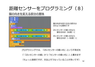 距離センサーをプログラミング（８）
52
猫の向きを変える左の部分は
次のような意味です
25<センサーの値<45なら
猫を右向き（90度）に
45<センサーの値<65なら
猫を左向き（ー90度）に
プログラミングでは、「25<センサーの値<45」という不等式を
『「25<センサーの値」かつ「センサーの値<45」』と書きます
（ちょっと⾯倒ですが、⽂法上そうなっていることが多いです）
猫の向きを変える部分の意味
 